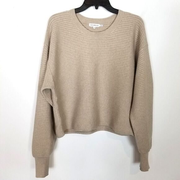 Good American Women Ribbed Cropped Crewneck Sweater Sz M Beige Boho Relaxed - Picture 1 of 9